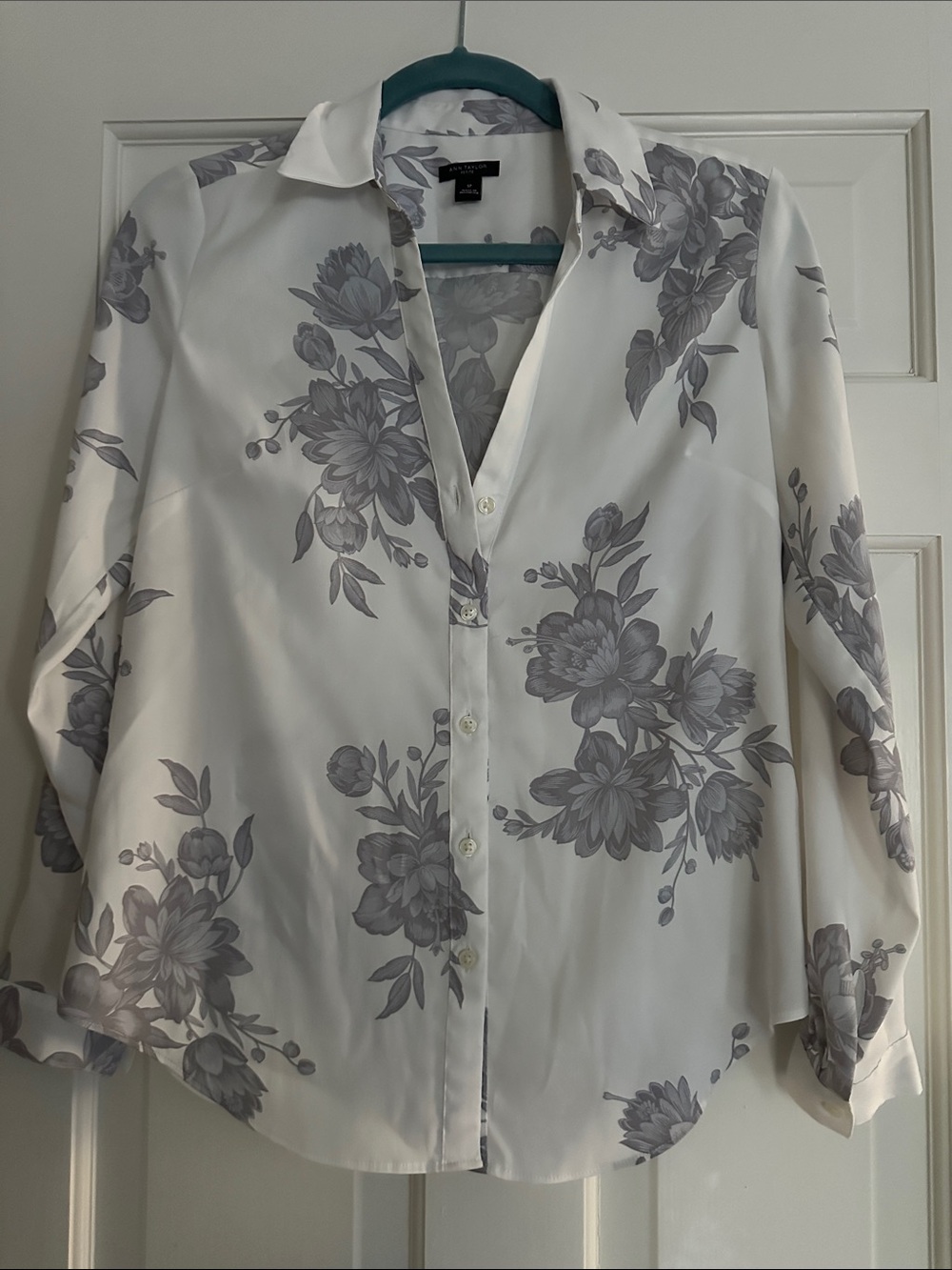 Ann Taylor White Button-Down chiffon Shirt with Gray Floral Print